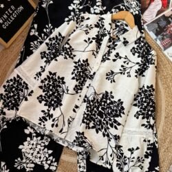 Black and white floral printed cotton co-ord set with button-down shirt and matching trousers