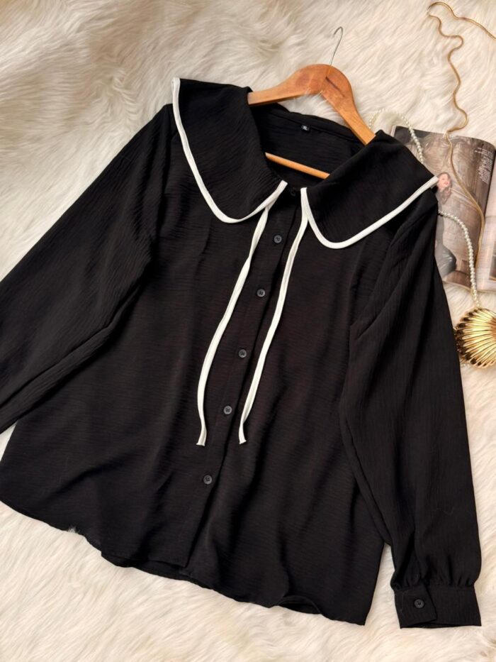 Ribbon Collar Blouse – Soft Long Sleeve Modest Top - 44, Black