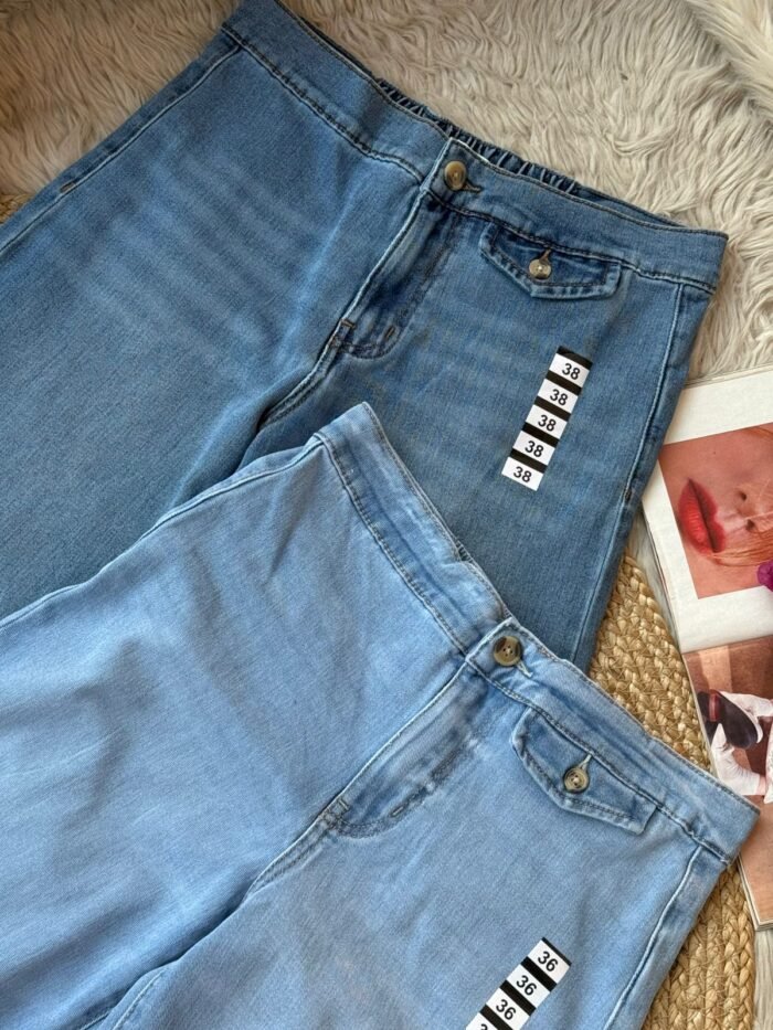 blue stonewash waist pants with elastic backside