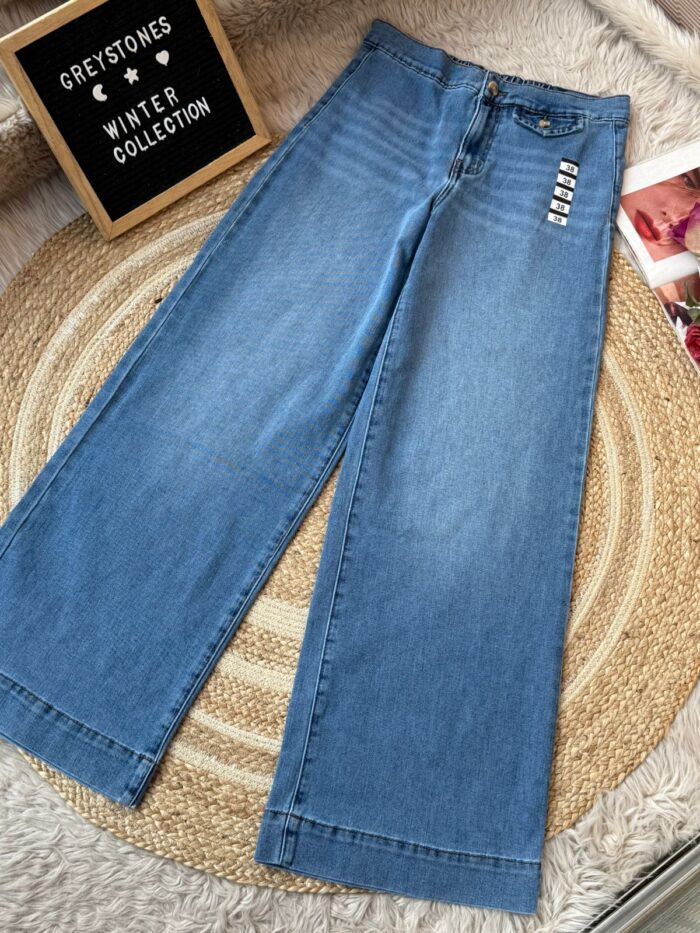 Indigo blue stonewash waist pants with elastic backside