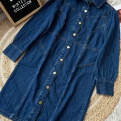 Dark wash denim long shirt dress with 20-inch sleeves and full button design