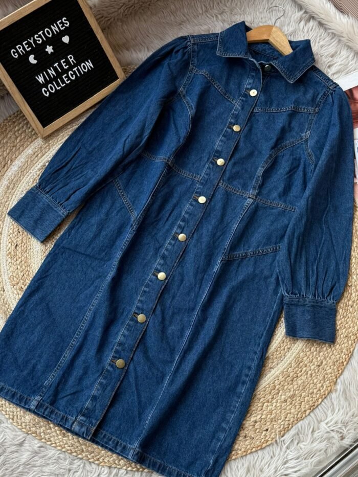 Dark wash denim long shirt dress with 20-inch sleeves and full button design