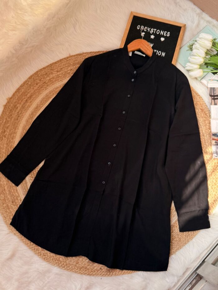 Women’s solid Black long tunic shirt with button-down front and mandarin collar