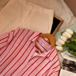 Pink vertical stripe button-down women’s shirt with long sleeves