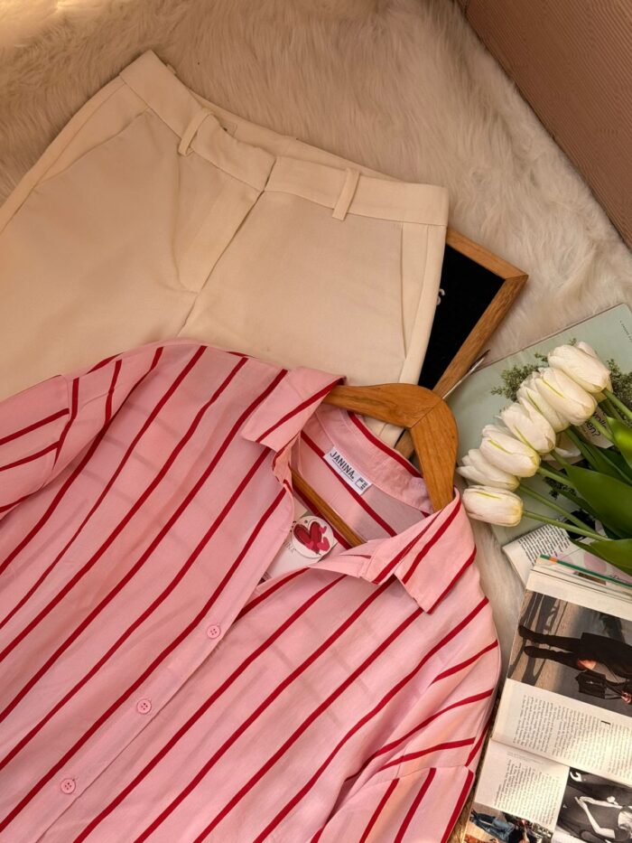 Pink vertical stripe button-down women’s shirt with long sleeves