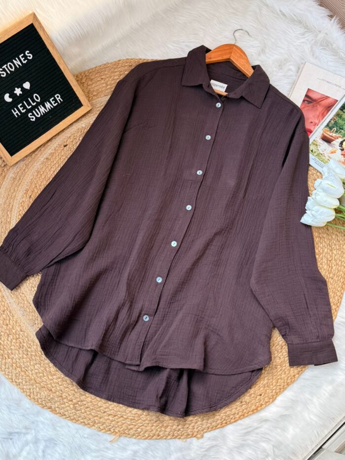 Brown embossed cotton oversized button down shirt – relaxed fit casual wear
