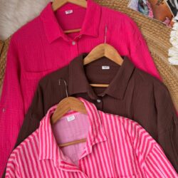 Casual Cheese Cotton Shirt for Women –Drop Shoulder Textured Button-Down (Pink, Brown & Striped)