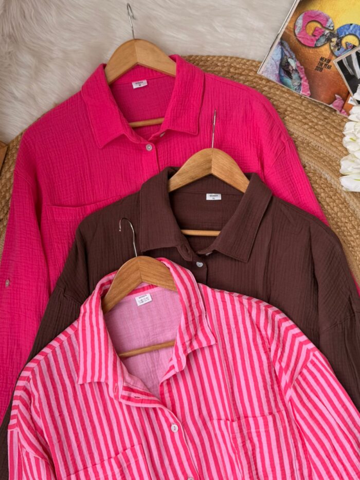 Casual Cheese Cotton Shirt for Women –Drop Shoulder Textured Button-Down (Pink, Brown & Striped)