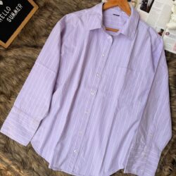 Lavender striped cotton button-down shirt for women with relaxed fit, long sleeves, and chest pocket
