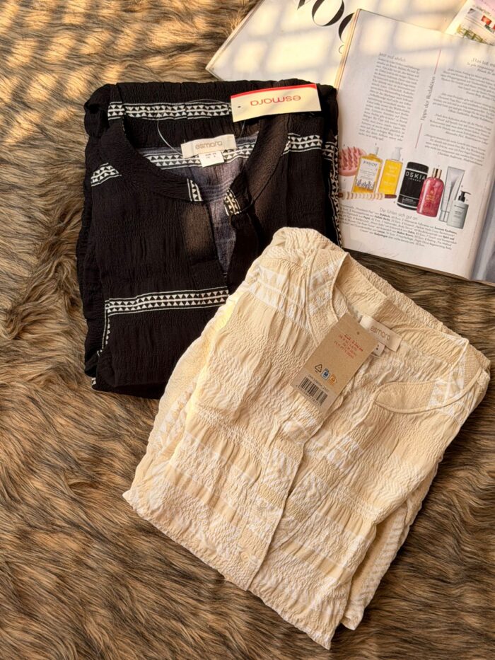 Minimal black and ivory crinkle kurti for women with textured fabric, lightweight breathable design