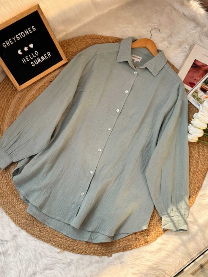 Sage green embossed cotton oversized shirt with drop shoulder – soft aesthetic summer top