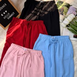 Women’s Summer Cotton Lounge Pants – Elastic Waist Drawstring Casual Trousers (Black, Red, Pink, Sky Blue)