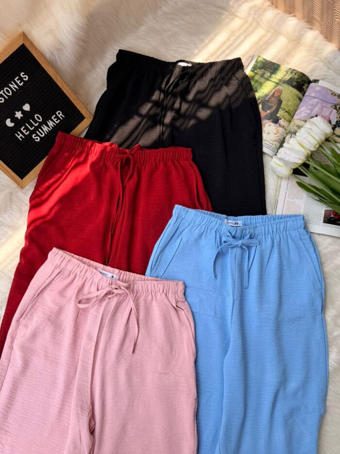 Women’s Summer Cotton Lounge Pants – Elastic Waist Drawstring Casual Trousers (Black, Red, Pink, Sky Blue)