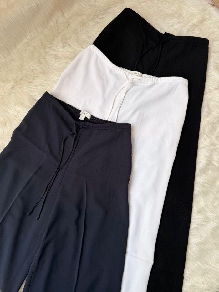 Women’s wide leg elastic waist trousers with drawstring in black, white, Navy blue