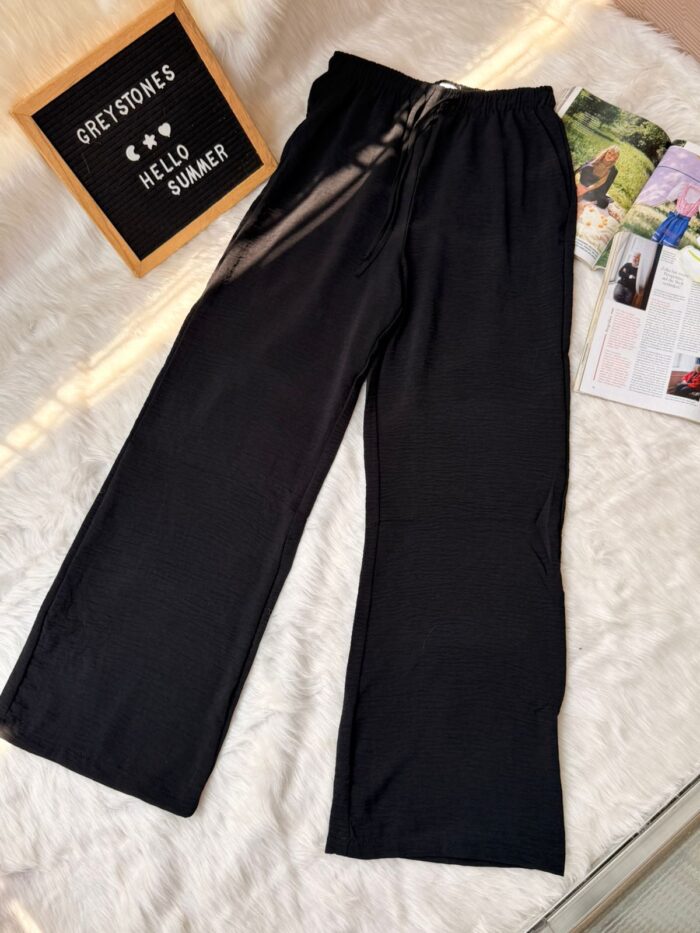 Women’s black wide leg summer trousers with elastic waist and drawstring