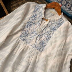 White cotton embroidered tunic top for women with blue detailing, long sleeves, and flowy boho style, perfect for Eid outfit