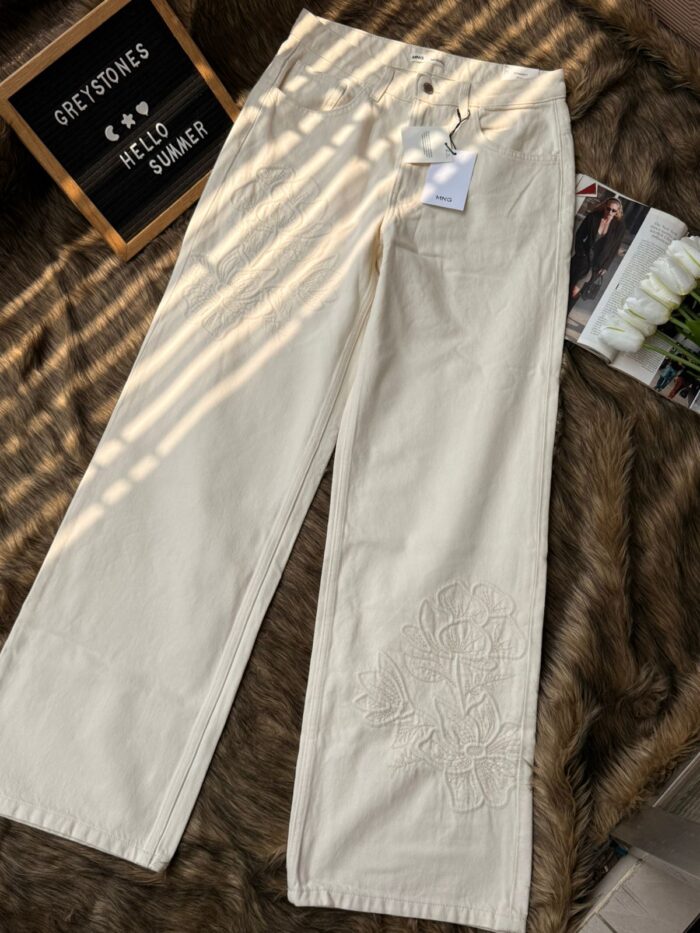 Off-white wide leg cotton pants with floral embroidery detail, high waist women’s pants