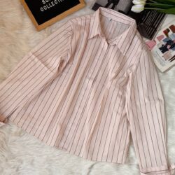 Powder peach vertical striped women’s cotton shirt with long sleeves and classic collar