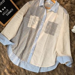 Korean style mixed stripe cotton shirt in pastel blue and cream