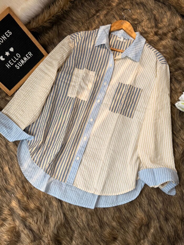 Korean style mixed stripe cotton shirt in pastel blue and cream