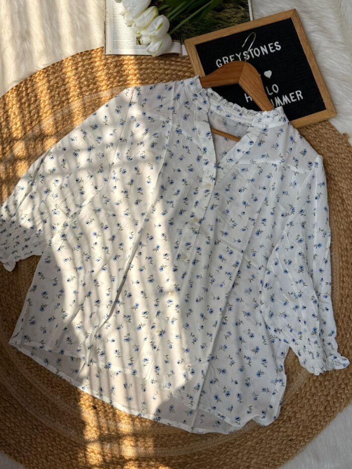 White floral printed Korean style women casual shirt flat lay photography