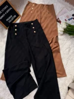 High-Waisted Wide Leg Button Trousers