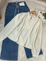 Ruffle Neck Lace Trim Smock Top - Image 2