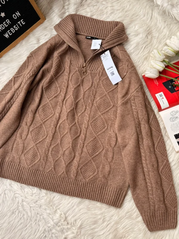 Cable-Knit Half-Zip Sweater with a Shawl Collar
