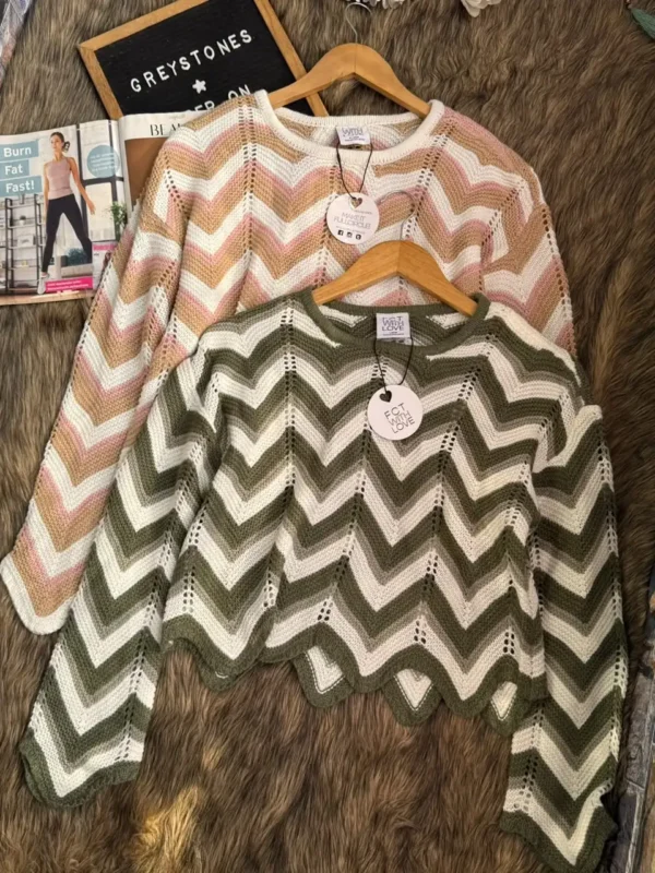 Chevron Zigzag Knit Sweater with a scalloped hem