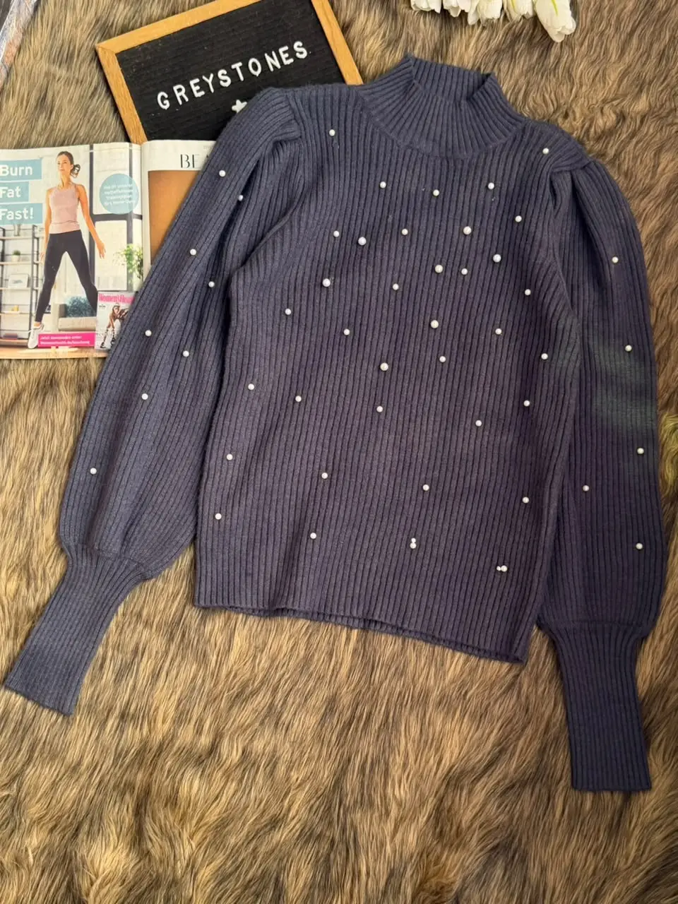 Grey Pretty Winter Top with locked pearl